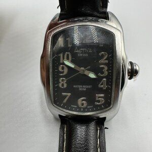 Activa Swiss Watch Women Silver Tone Curved Crystal Black Band New Battery 9"